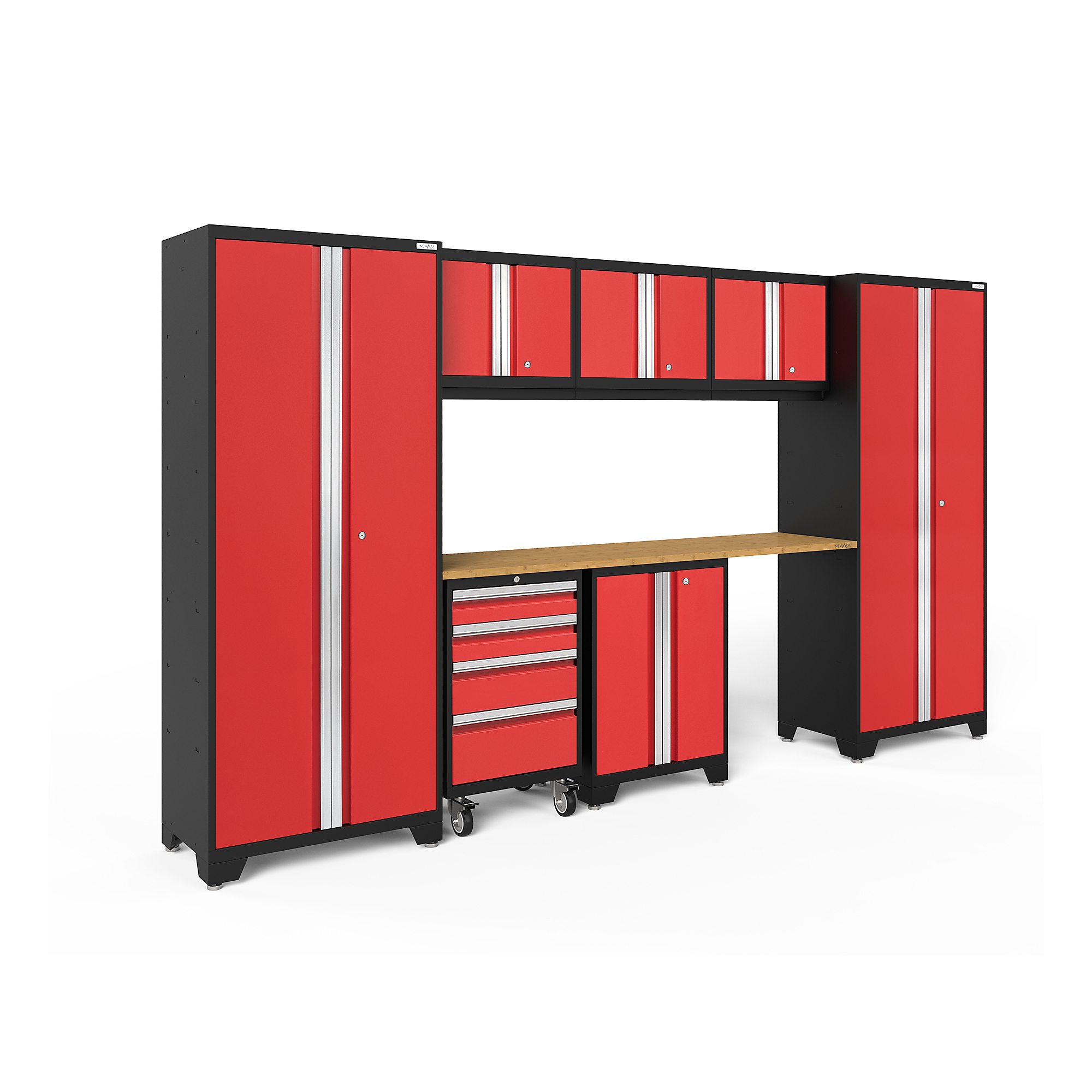 NewAge Products, Bold Series Red 8-Pc. Steel Garage Cabinet Set, Width 132 in, Height 76.75 in, Depth 18 in, Model# 50605
